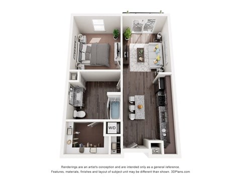 Floor plan for 1 bed, 1 bath, 676 sqft